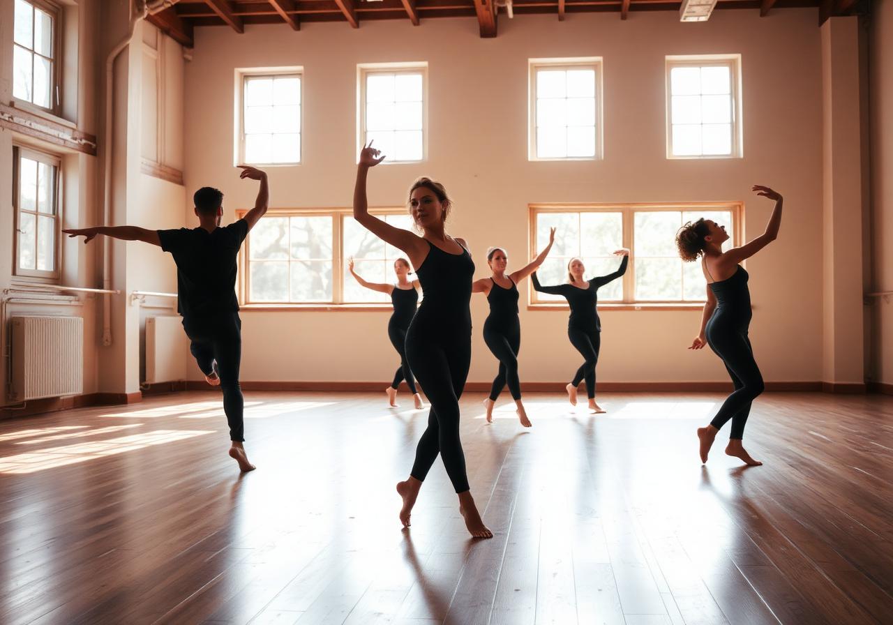 Dancers practicing in a sunlit studio