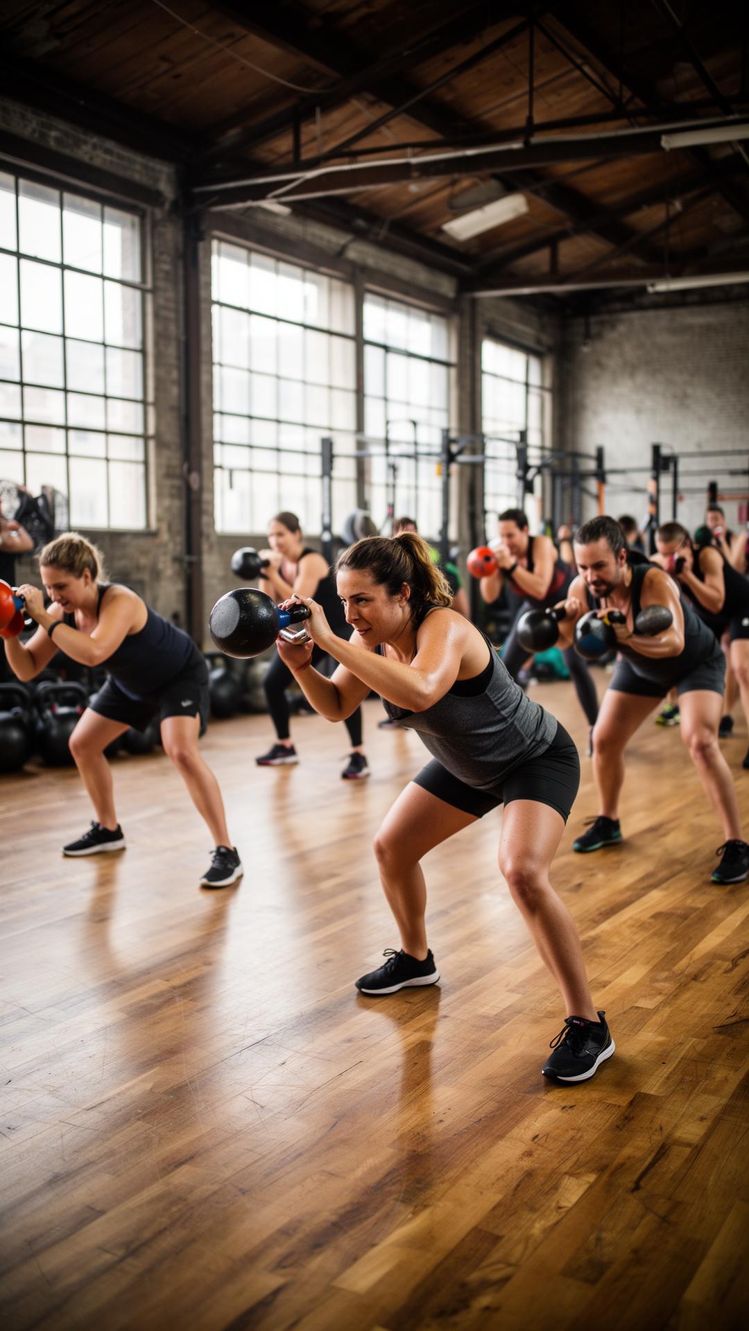Group fitness bootcamp with kettlebells