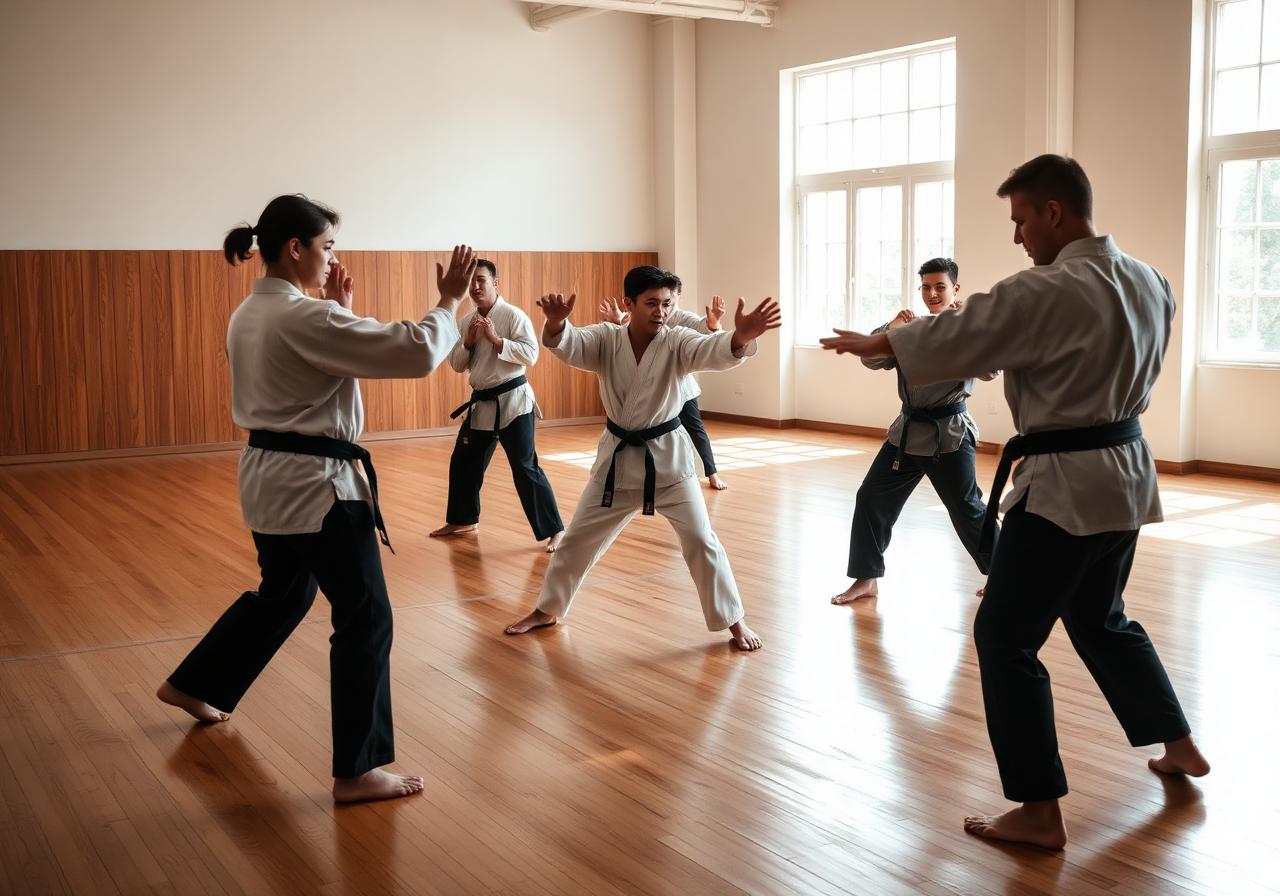 Karate class training in the wood-floor studio